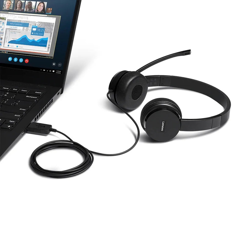 Lenovo 100 Usb Stereo Headset 1.8M Noice Cancelling Mic Protein Leather Memory-Foam Ear Cups And Rotatable Boom Microphone