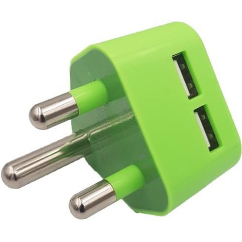 Whizzy Dual Usb Port 3 Pin Wall Charger-Plugs Directly Into South African 3-Pin Electrical Wall, No Additional Adapter Needed, Ac Input 100-240V, Dc Output Max 5.0V 2100Ma, Works With All Usb Chargeable Devices ,Cable Not Included, Colour Green , Retail B