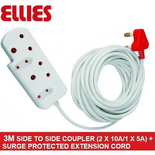 Ellies Side To Side Coupler 2 X 10A 1 X 5A + Surge-3 Metres, Sold As A Single Unit, 3 Months Warranty