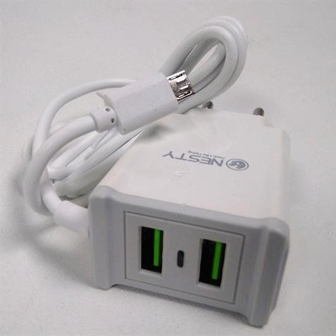 Nesty Grta006 Dual Usb Port Wall Charger And Built In Micro Usb Cable - 2 Pin Eu Power Adaptor , 2 X Usb Ports, 2.1A Fast Charging , 100V-240V Input, 5 Volt Output, Includes 1 Metre Built-In Micro Usb Cable, Colour White , Retail Box, No Warranty