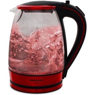 Mellerware 1.8L Glass Kettle Red - Glass Kettle, 1.7L Capacity, 2200W, 360-Degree Cordless Kettle, Concealed Heating Element, Auto Shut Off, Boil Dry Protection, Led Lighting Ring, Fada Control Retail Box 2-Year Warranty