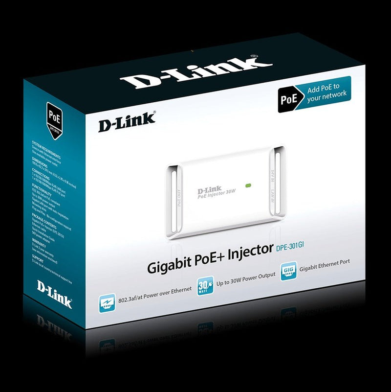 D-Link Consumer D-Link Gigabit Poe Injector 10 100 1000Mbps Data Passthrough Rate Ieee802.3At Compliant Dc Output Up To 54V 0.6A 30W.