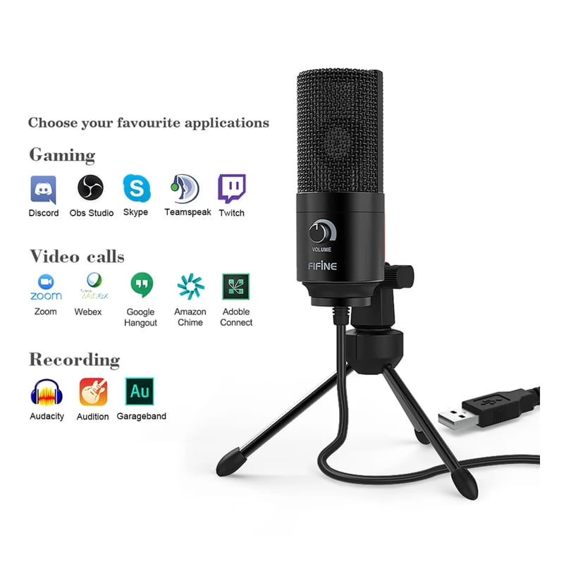 Fifine K669B Cardioid Usb Condenser Microphone With Tripod - Black