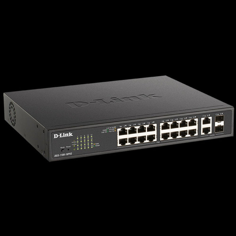 D-Link 18 Port Layer 2 Poe Switch - 16X 1Gbe Ports 2X 1Gbps Sfp Ports 150W Poe Budget Rackmount Form Factor