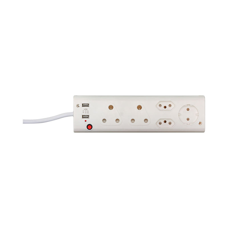 5-Port Multiplug With 2X Usb Charging Ports - 1X 10A Shuko, 2X 16A Slimline Sa And 2X 16A Sa