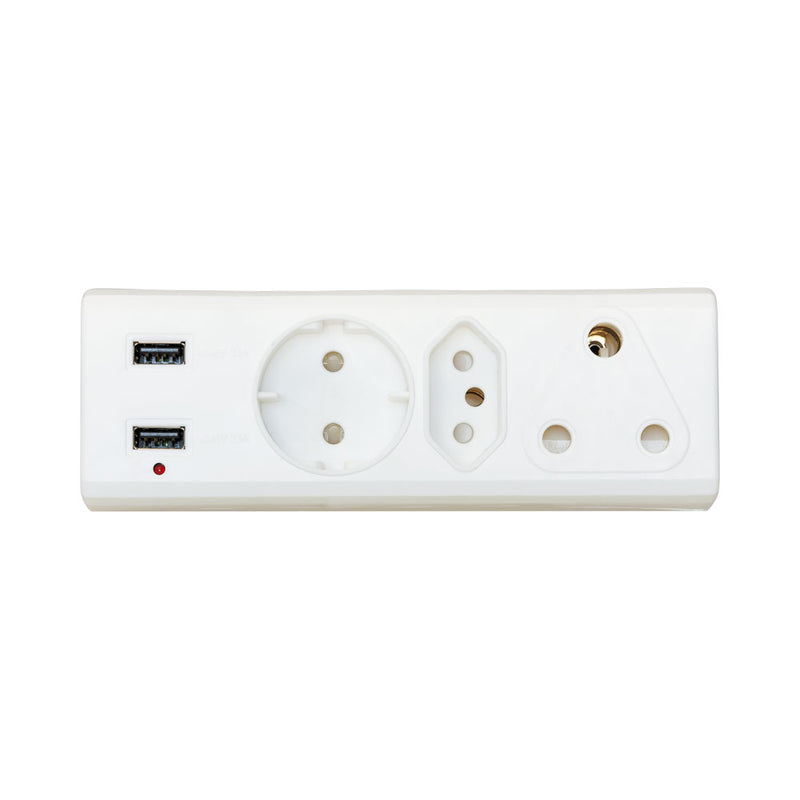 3-Port Multiplug With 2X Usb Charging Ports - 1X 10A Shuko, 1X 16A Slimline Sa And 1X 16A Sa